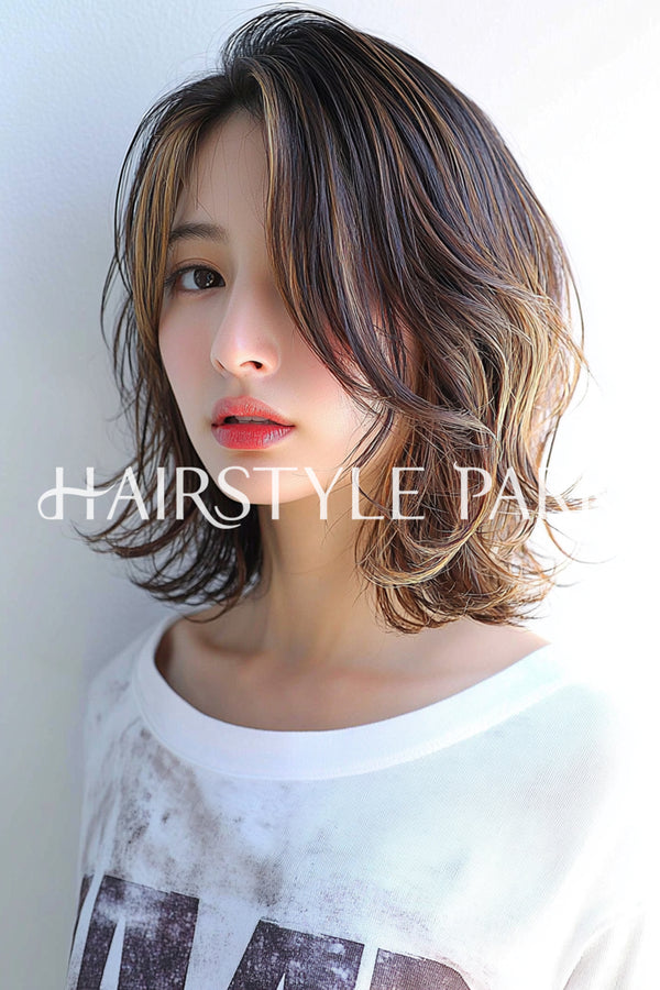 ヘアスタイル写真PhotoNo:aiphoto087【AI画像】 [ミディアム,レイヤーミディアム,レディース,カジュアル,クール / かっこいい,カット,カラー,ダブルカラー,横型,AI ]